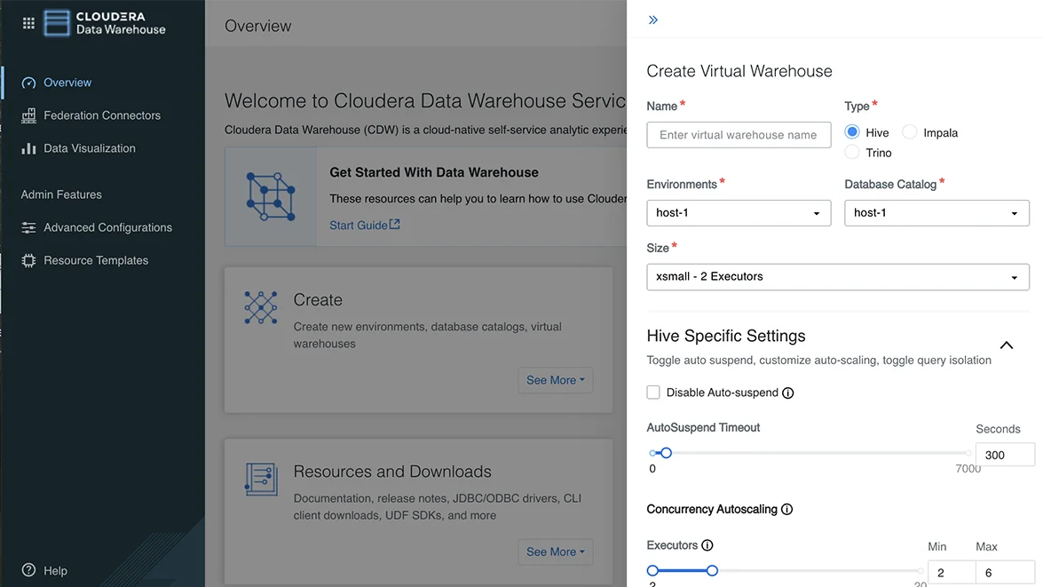 Data Warehouse virtual warehouse feature screenshot